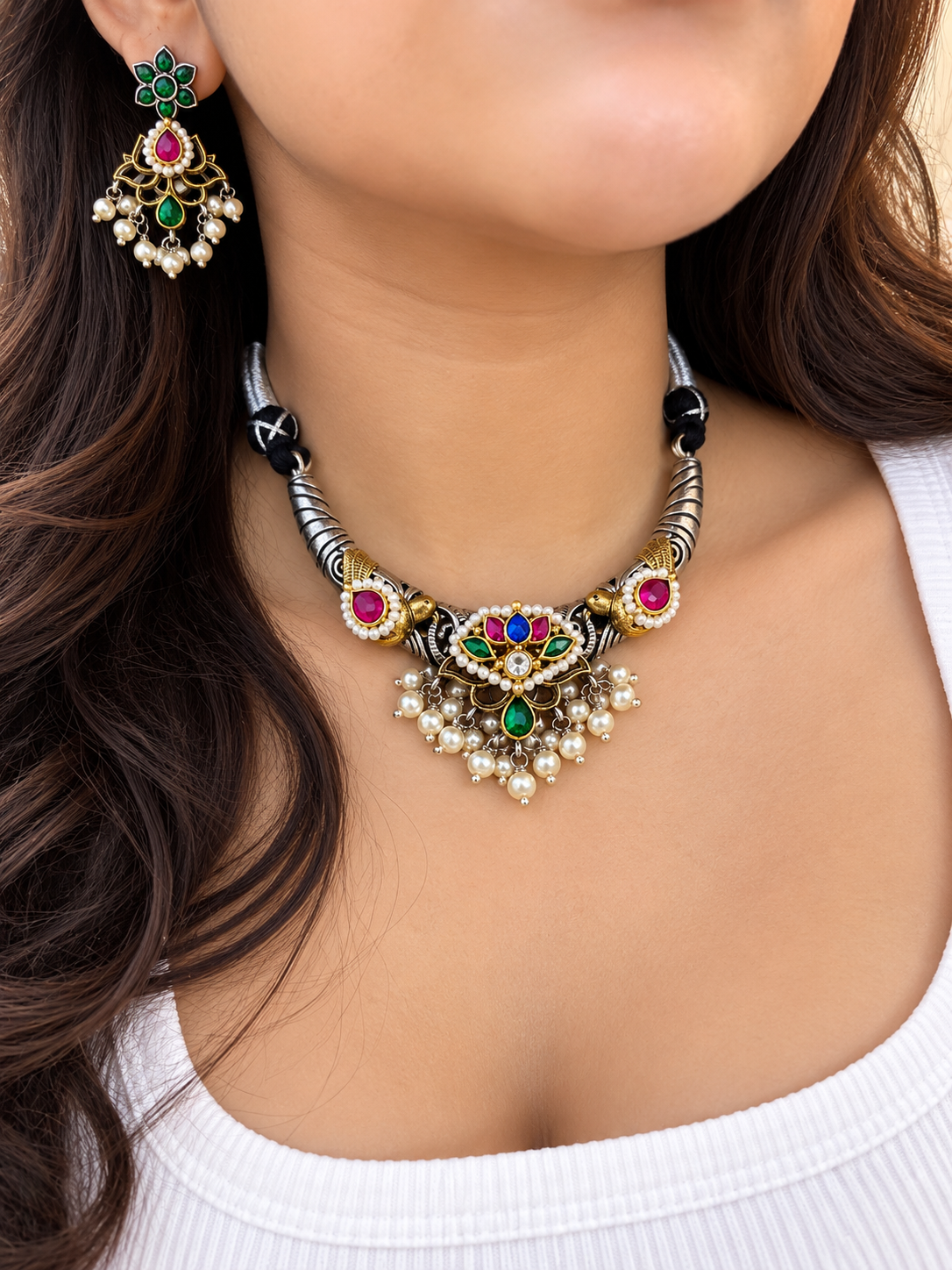 Royal Meenakari Pearl Choker Set Pink colour