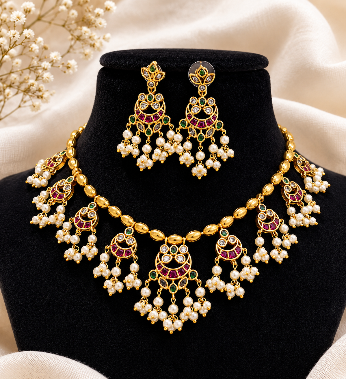 Manikya Pearl Kemp Necklace Set