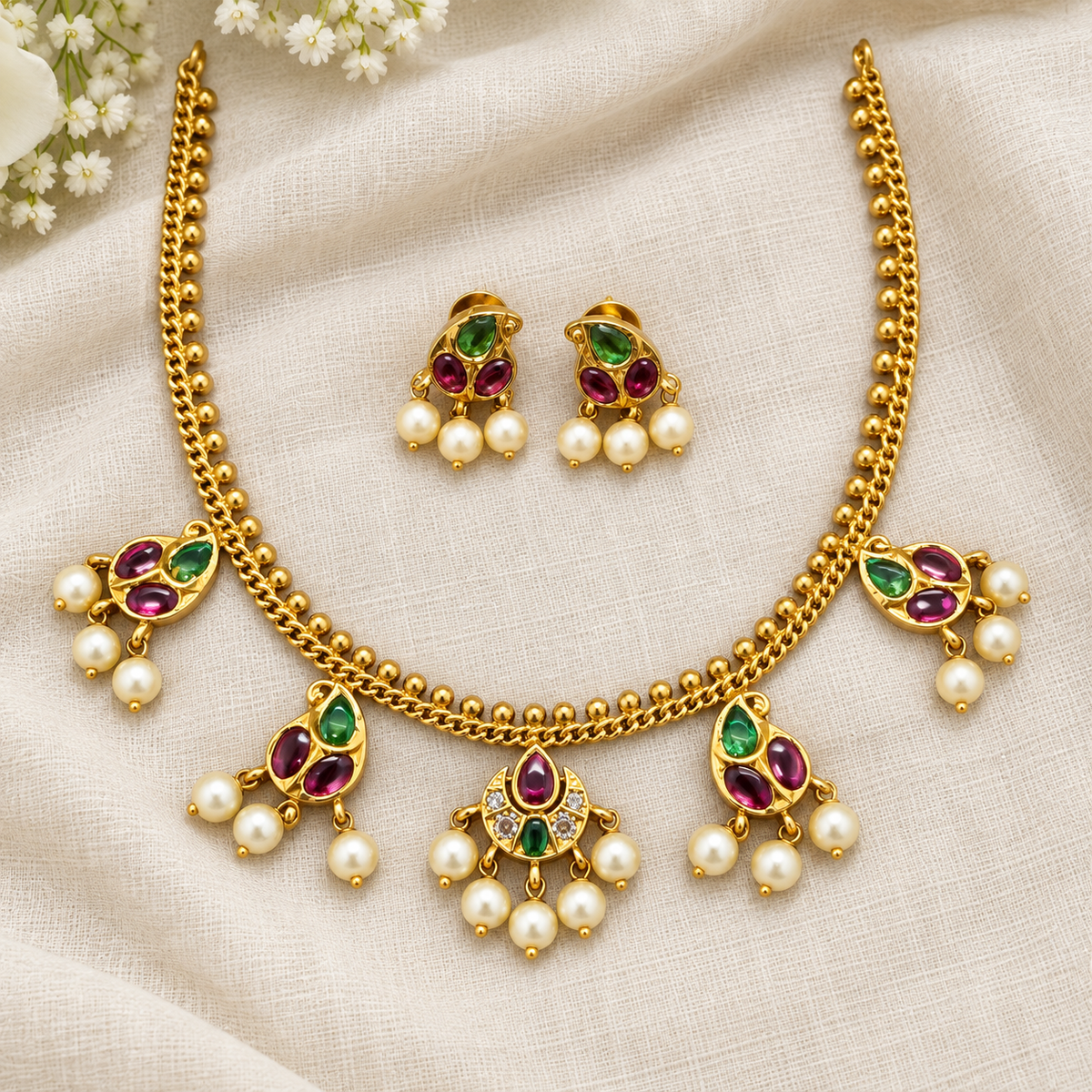 Rangoli Ruby & Emerald AD Necklace Set