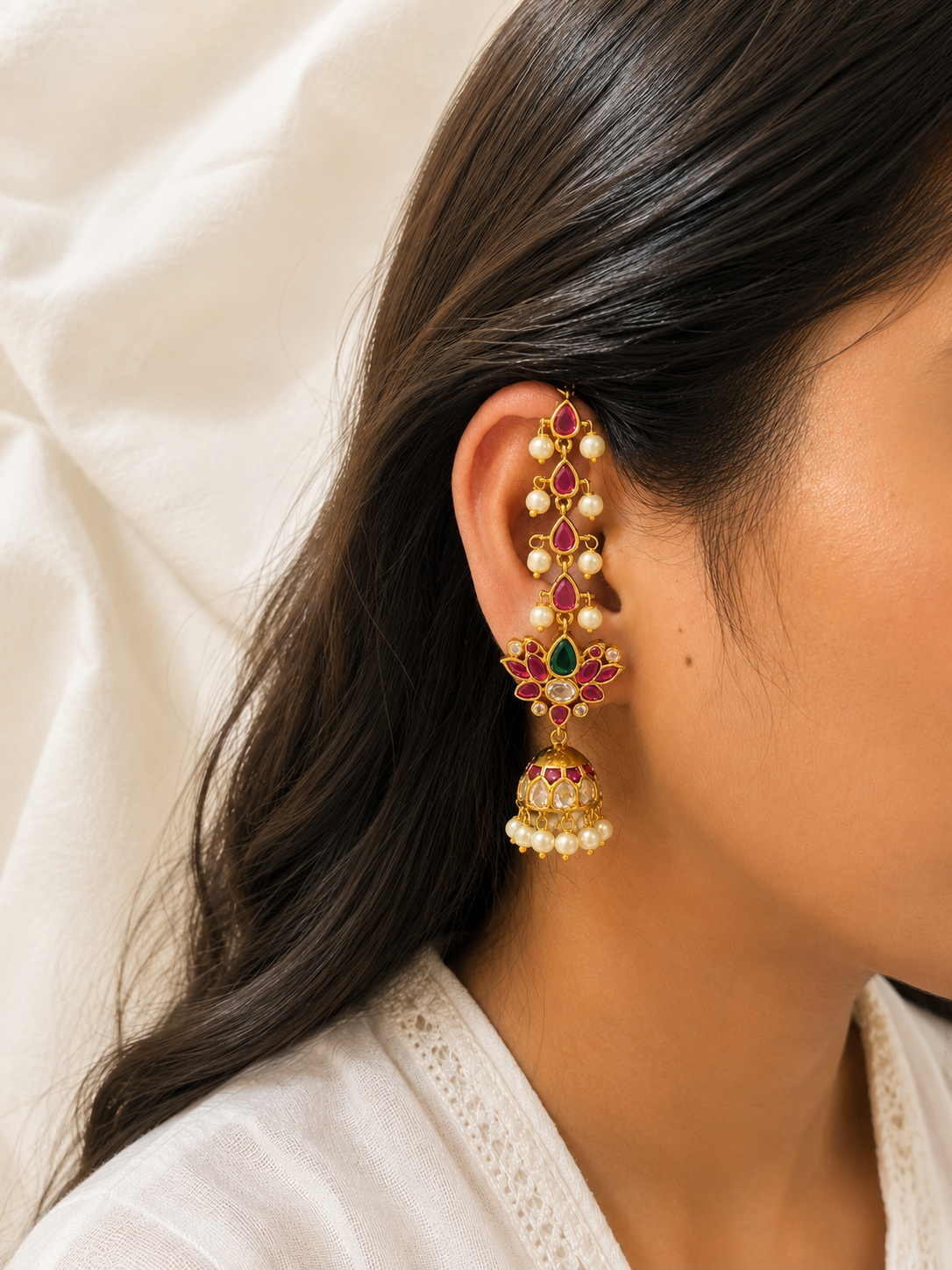 Vamika jadau kundan ear jhumka with ear chains pair