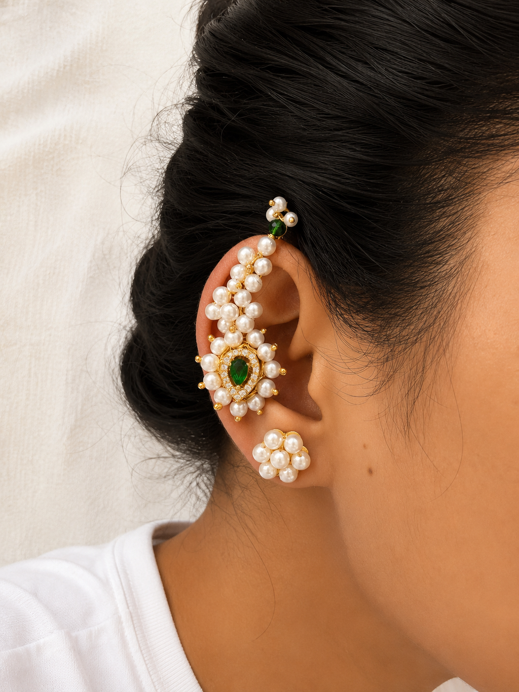 Green Maharashtrian Pearl Nath Ear Cuff & Stud Earrings Set