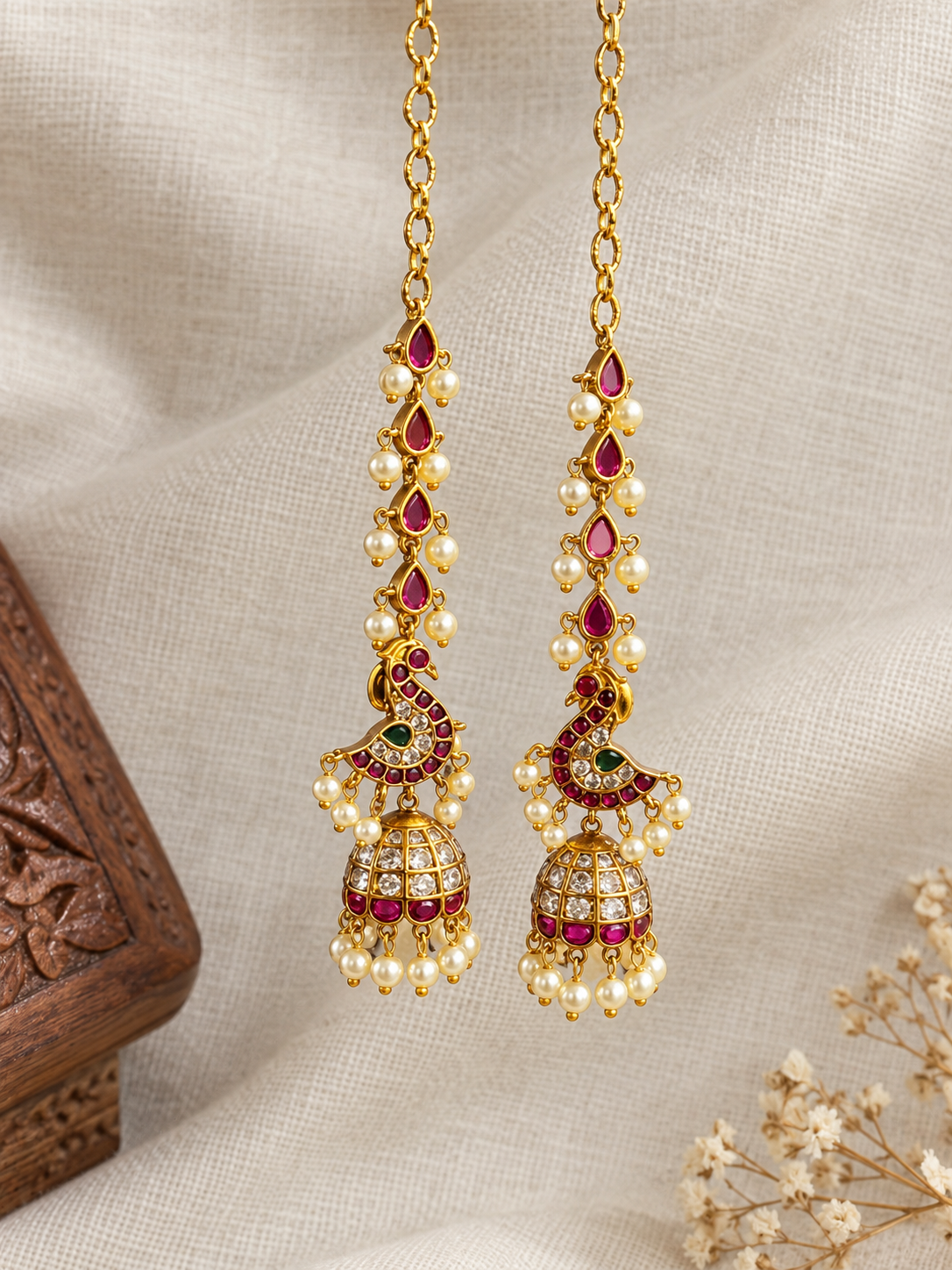 Peacock Jadau Kundan Jhumka with Ear Chain