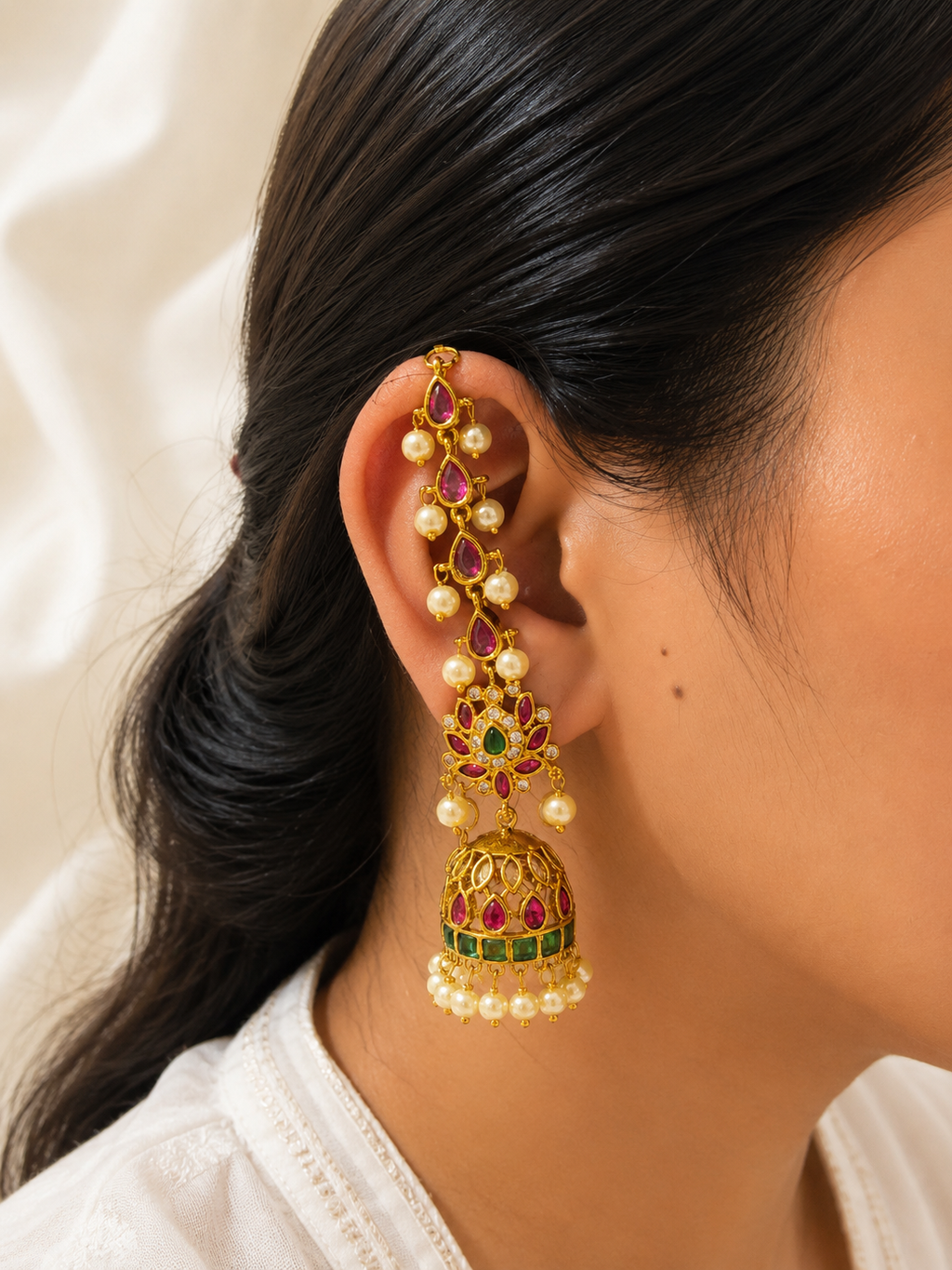 Devika kundan jhumka with ear chain