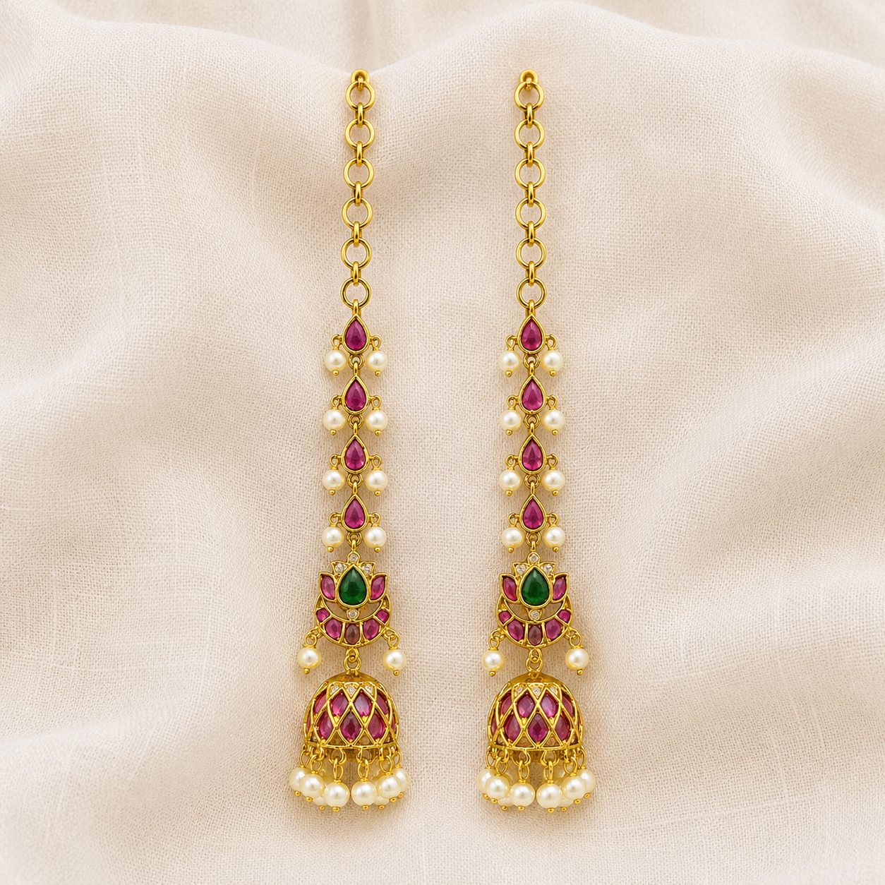 Blooming ruby jhumka with earchain