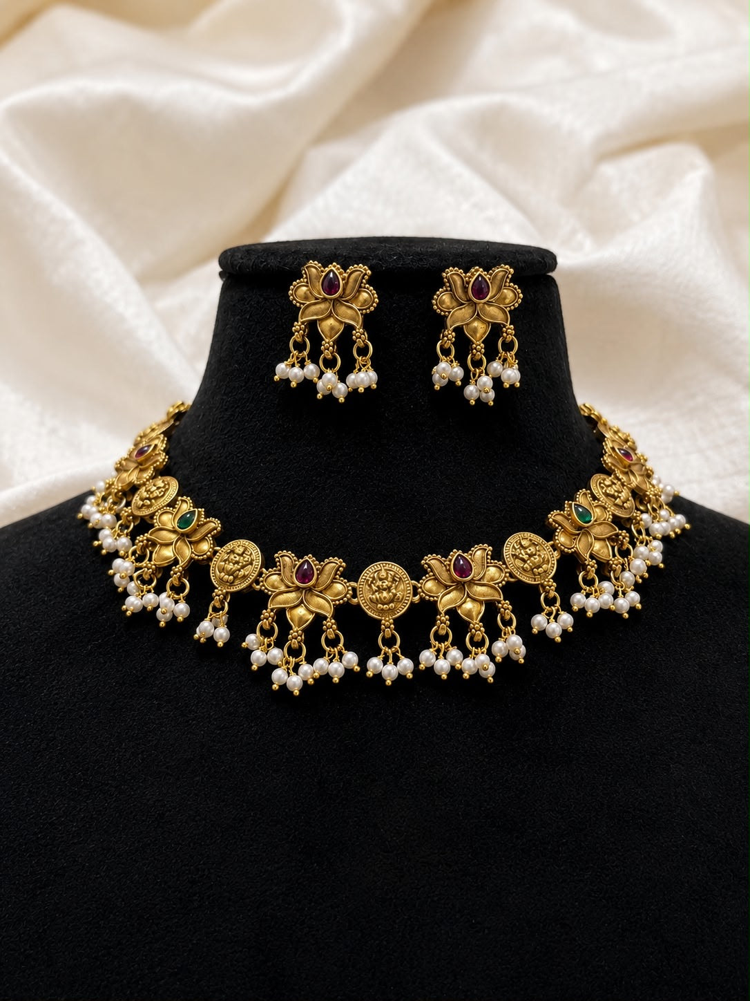 Lotus and Laxmi coin necklace set