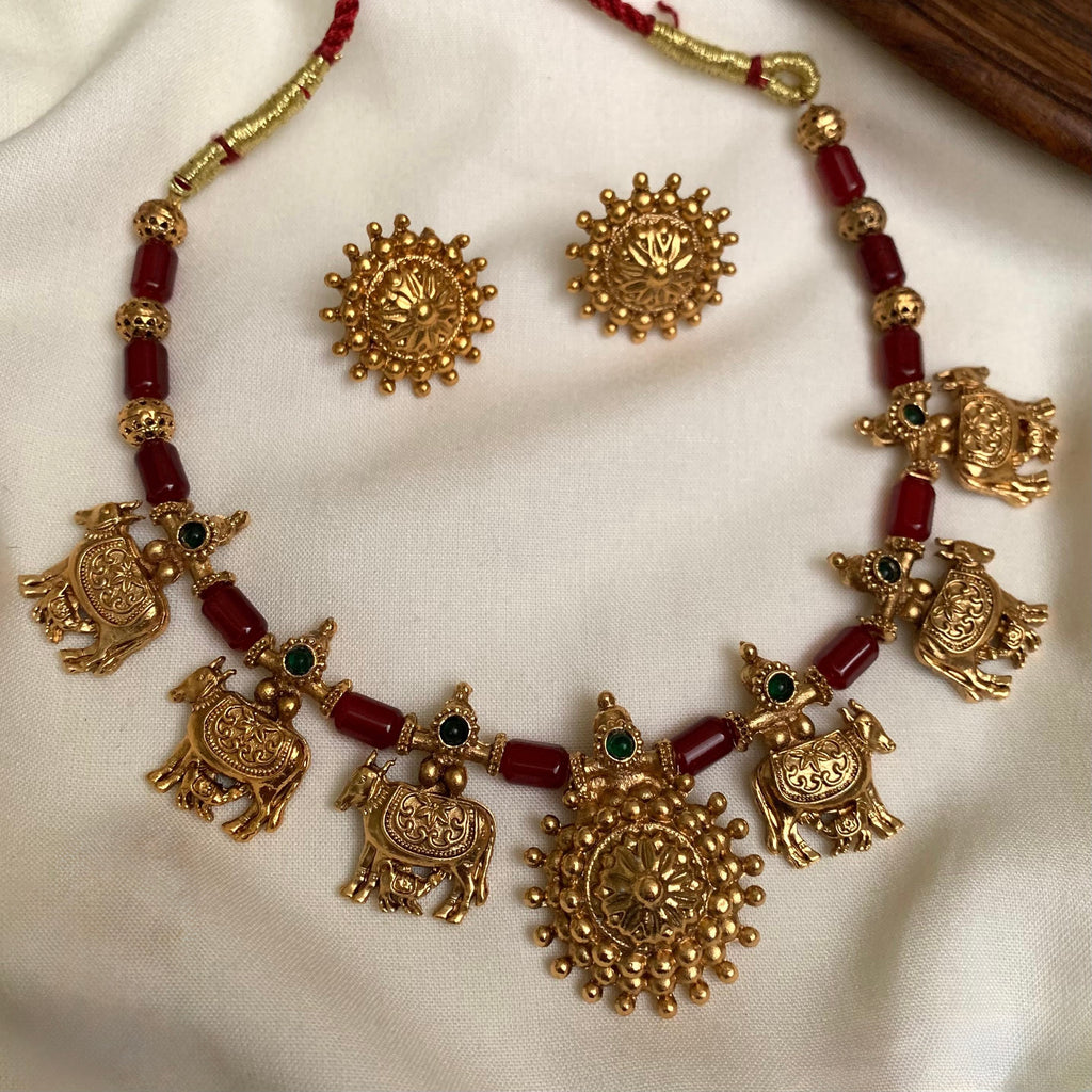 Cow Motif Necklace Set with Crystal Beads