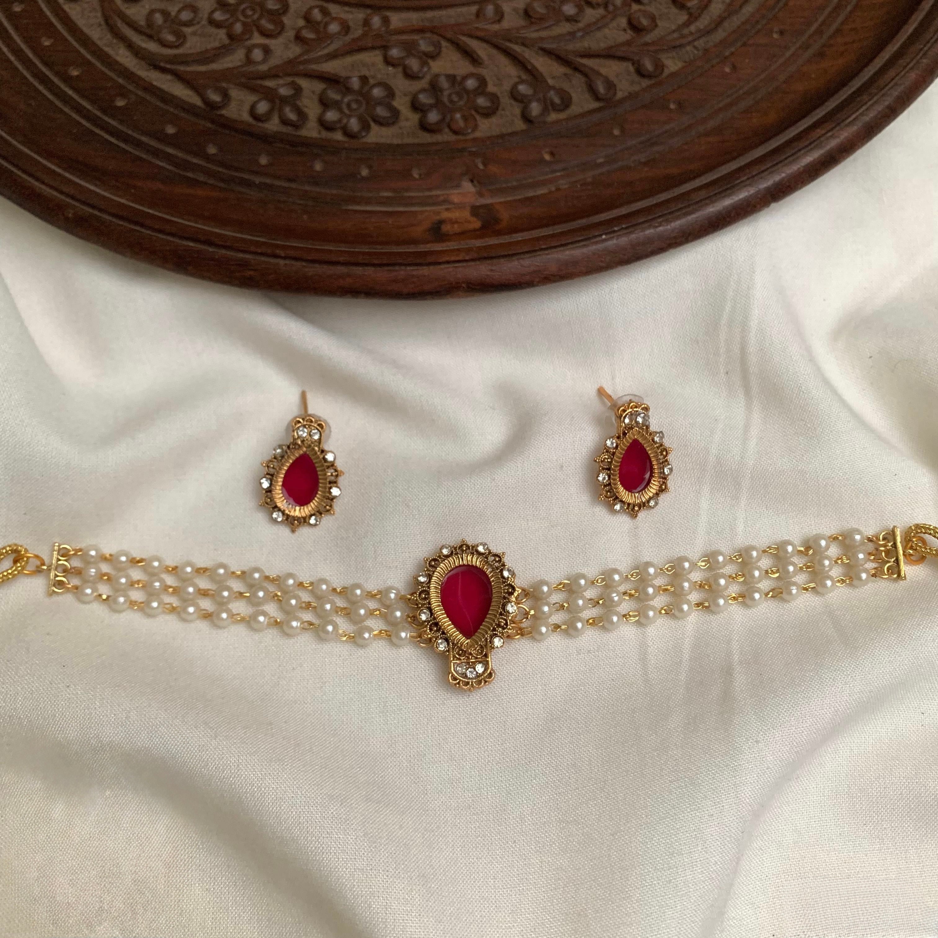 Red pearl necklace set
