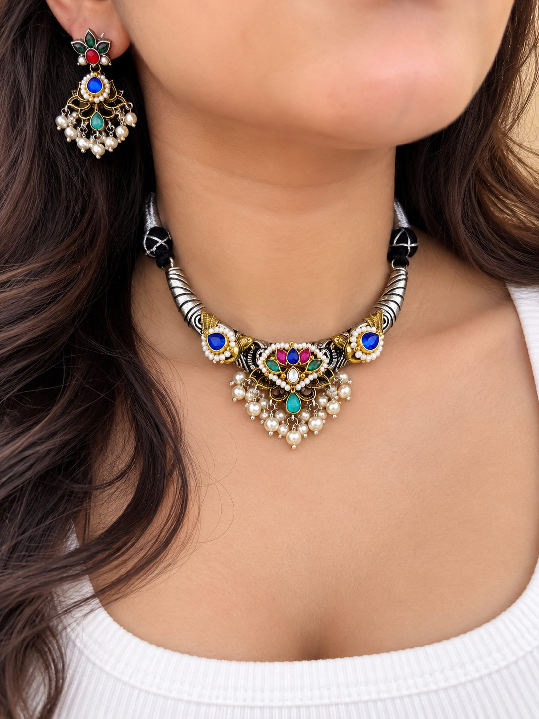 Royal pachi jadau kundan Pearl Choker Set blue colour