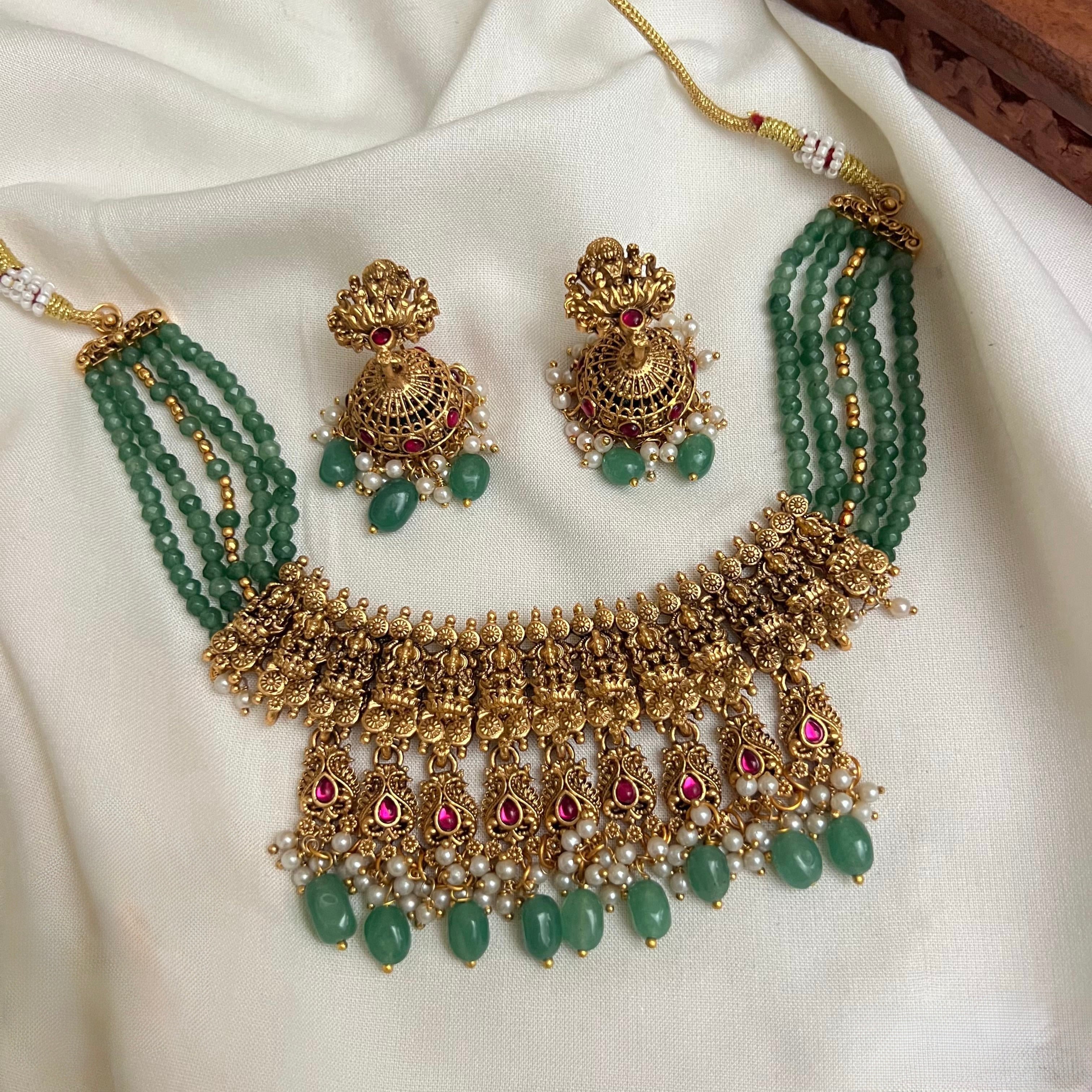 Mint Crystal Lakshmi Temple Jewellery Set