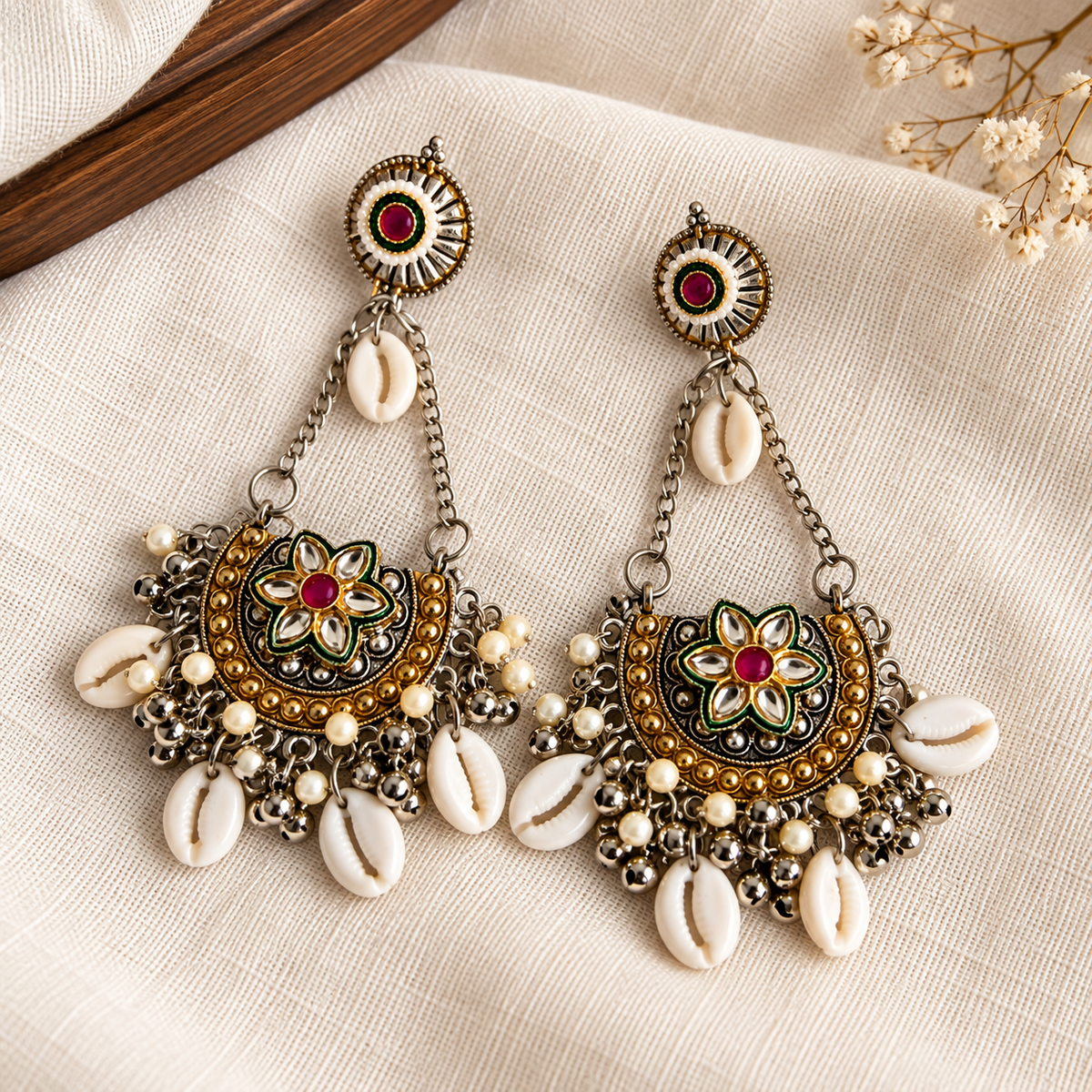 Royal Kundan & Cowrie Statement Earrings