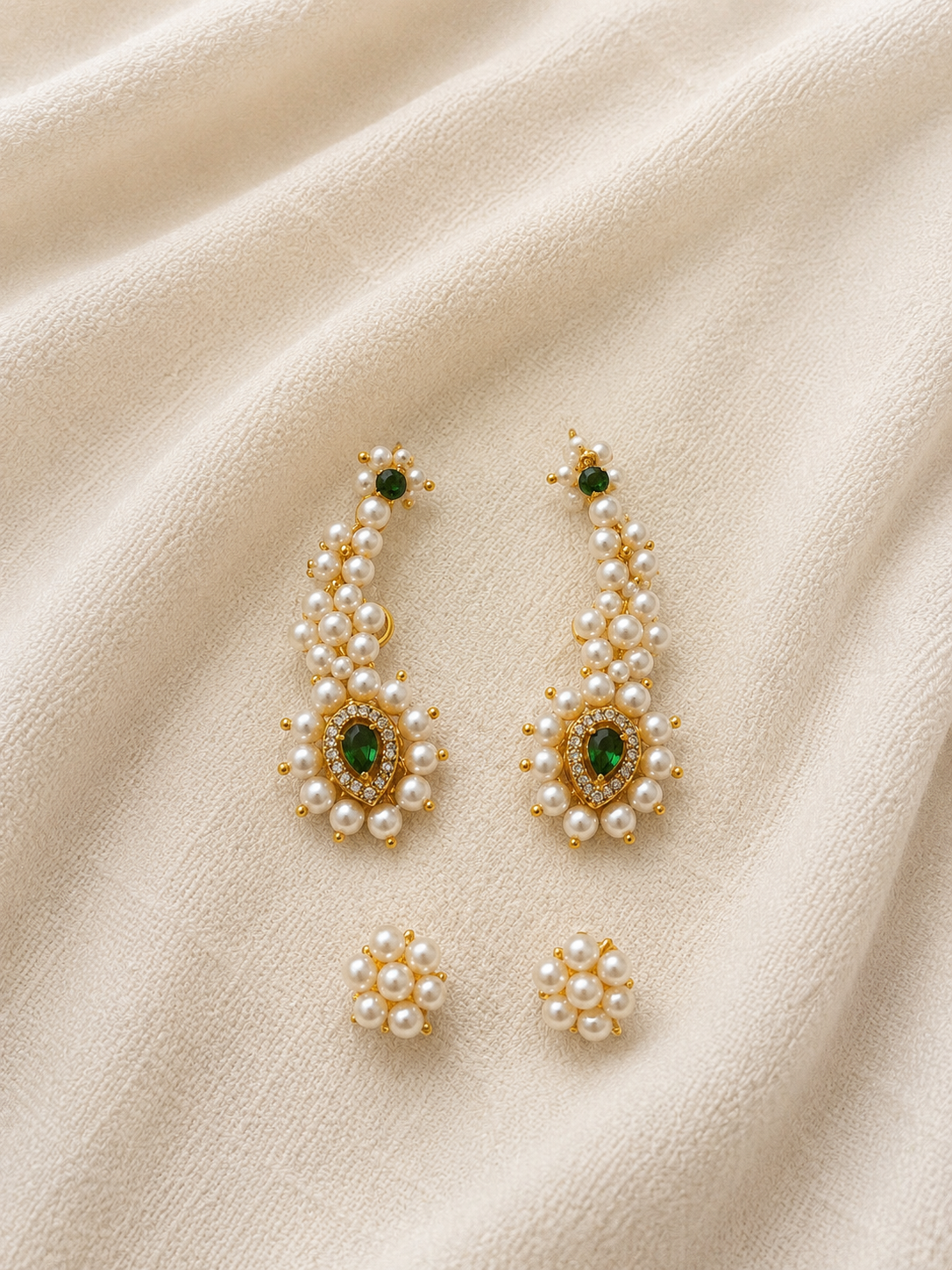 Green Maharashtrian Pearl Nath Ear Cuff & Stud Earrings Set