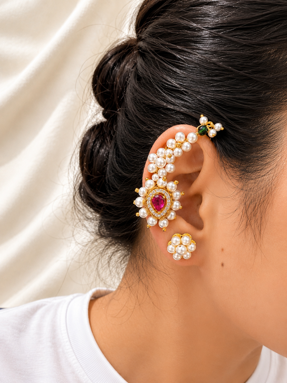 Pink and green Maharashtrian Pearl Nath Ear Cuff & Stud Earrings Set