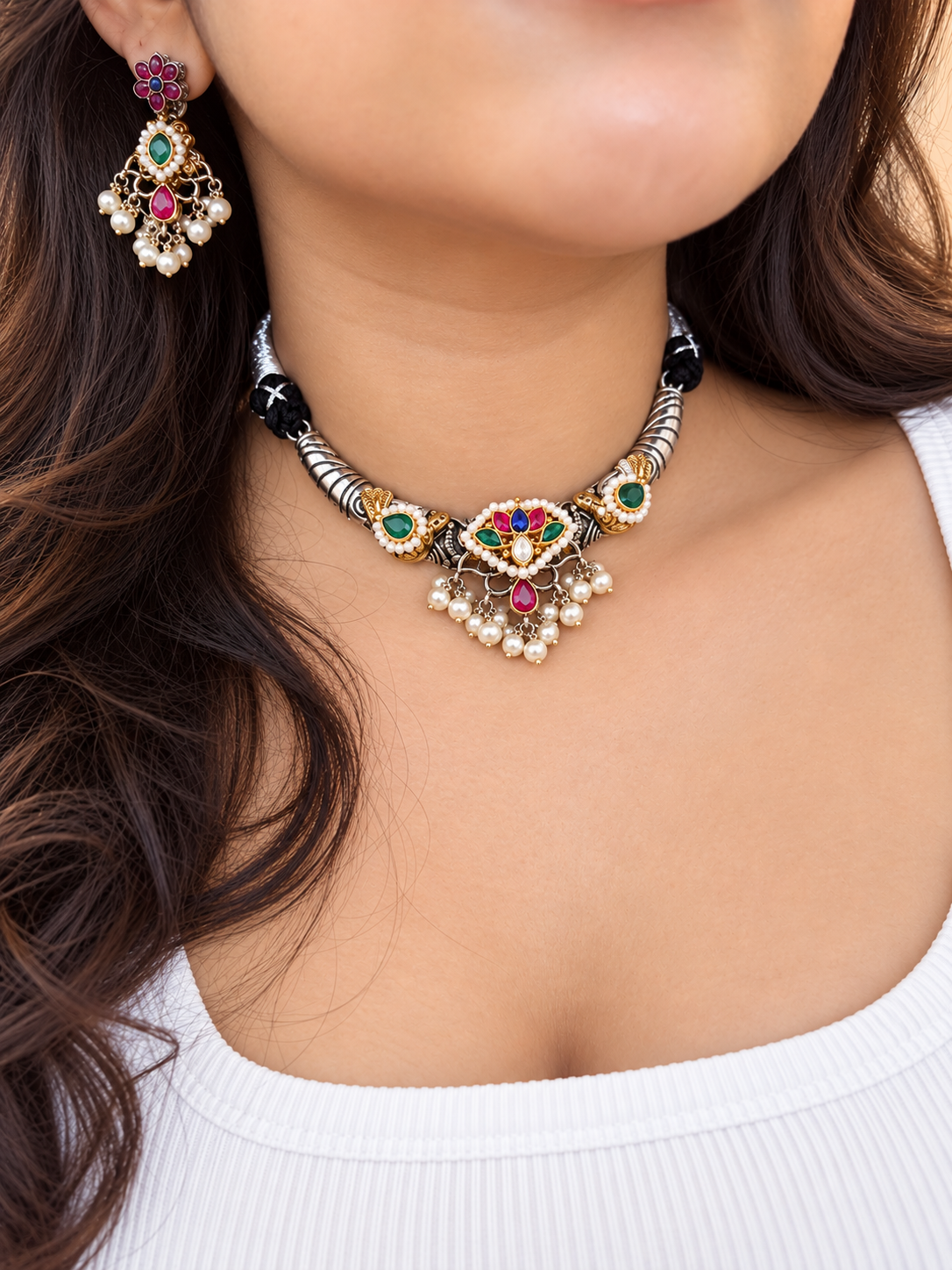 Jadau kundan silver and gold choker set