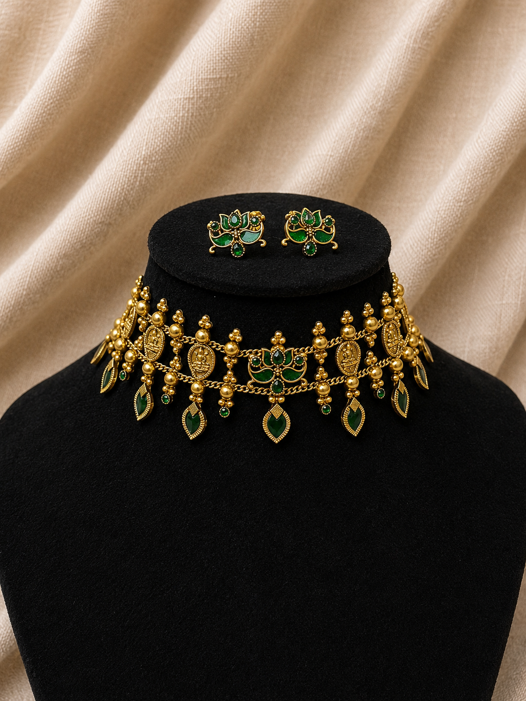 Antique Lotus Coin Choker Necklace Set