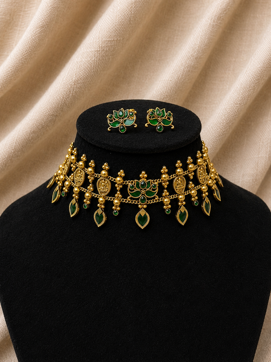 Antique Lotus Coin Choker Necklace Set
