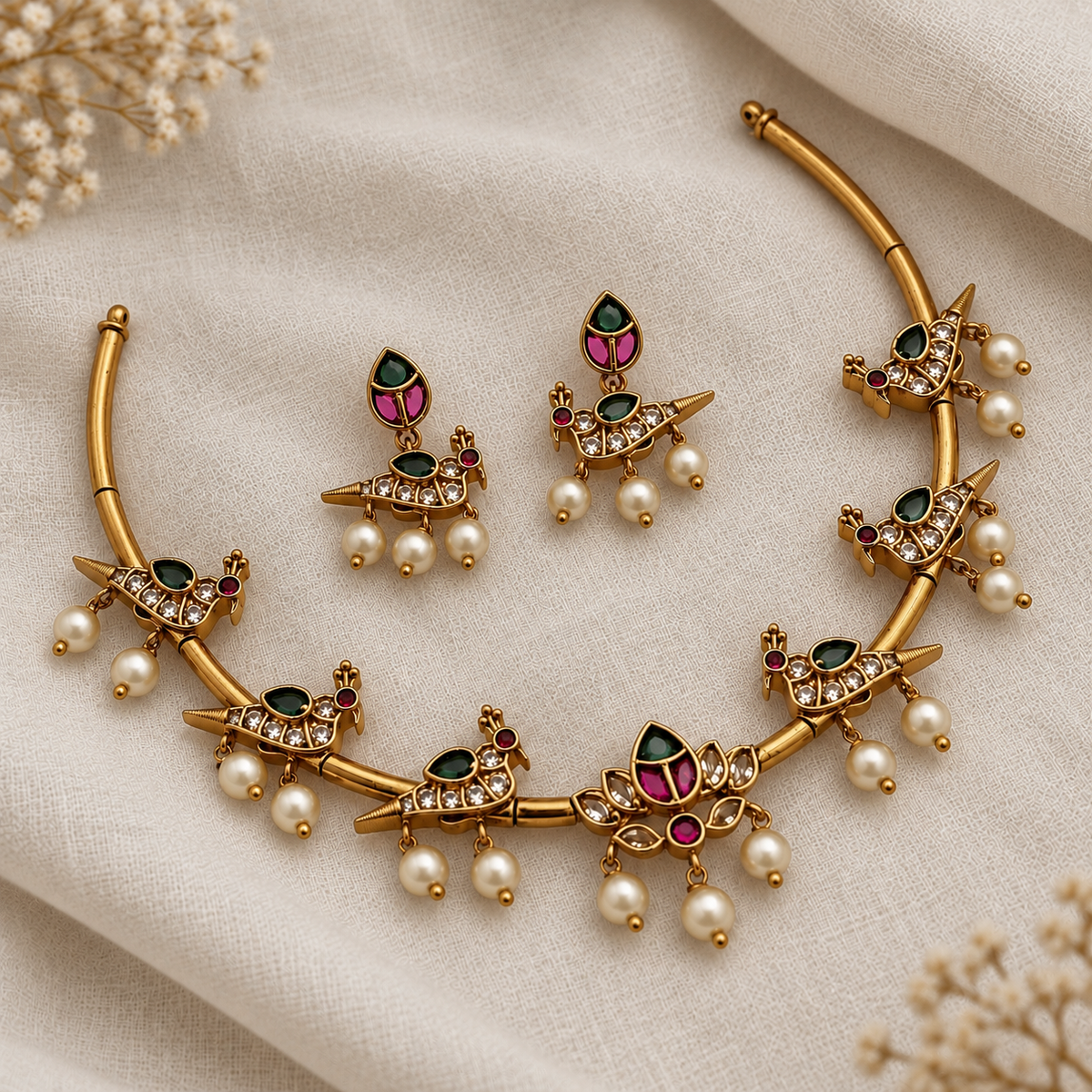 Lotus & Parrot American Diamond Necklace Set
