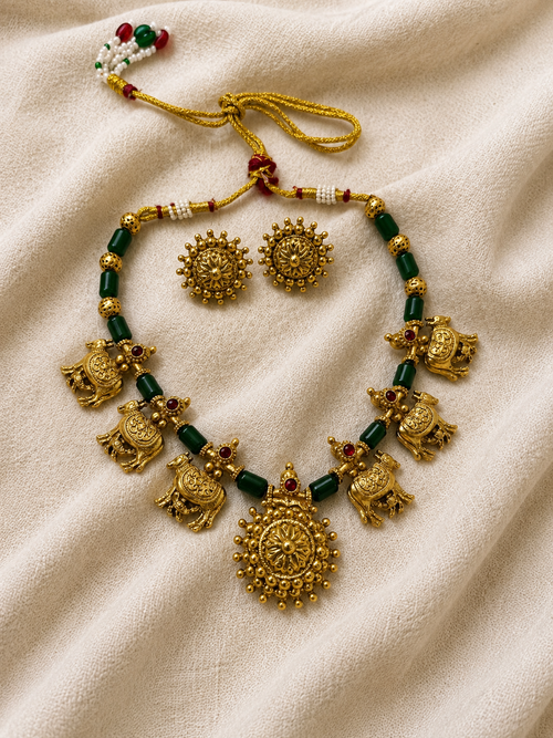 Cow Motif Necklace Set with Crystal Beads