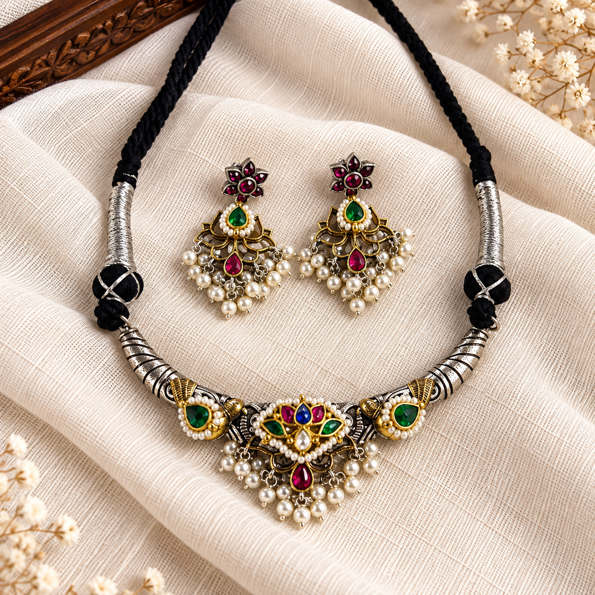 Jadau kundan silver and gold choker set