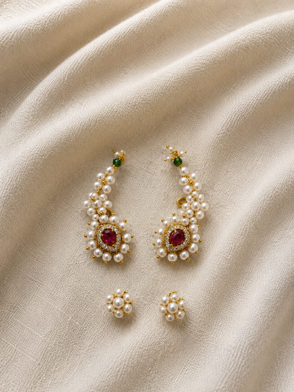 Pink and green Maharashtrian Pearl Nath Ear Cuff & Stud Earrings Set