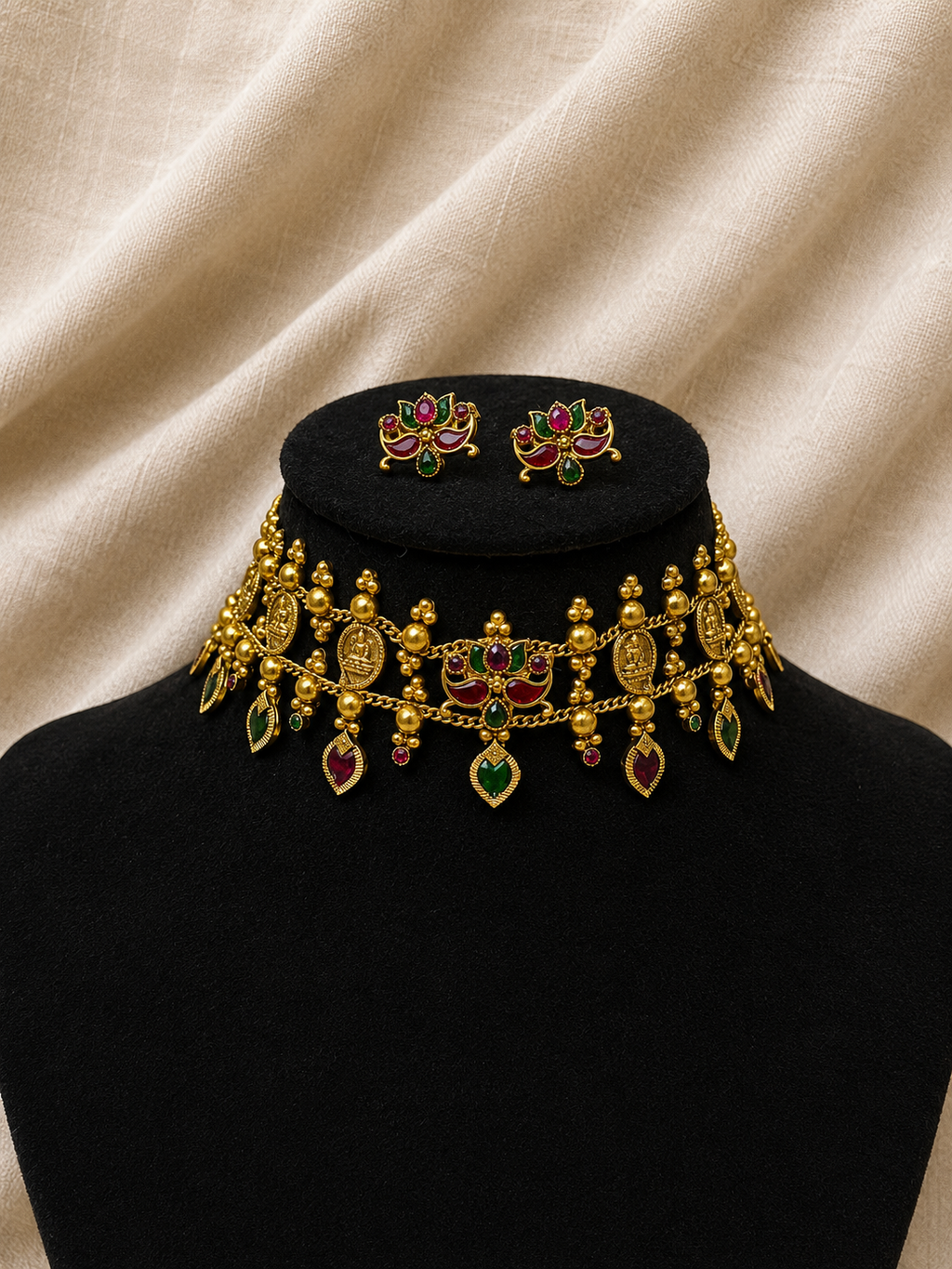 Antique Lotus Coin Choker Necklace Set