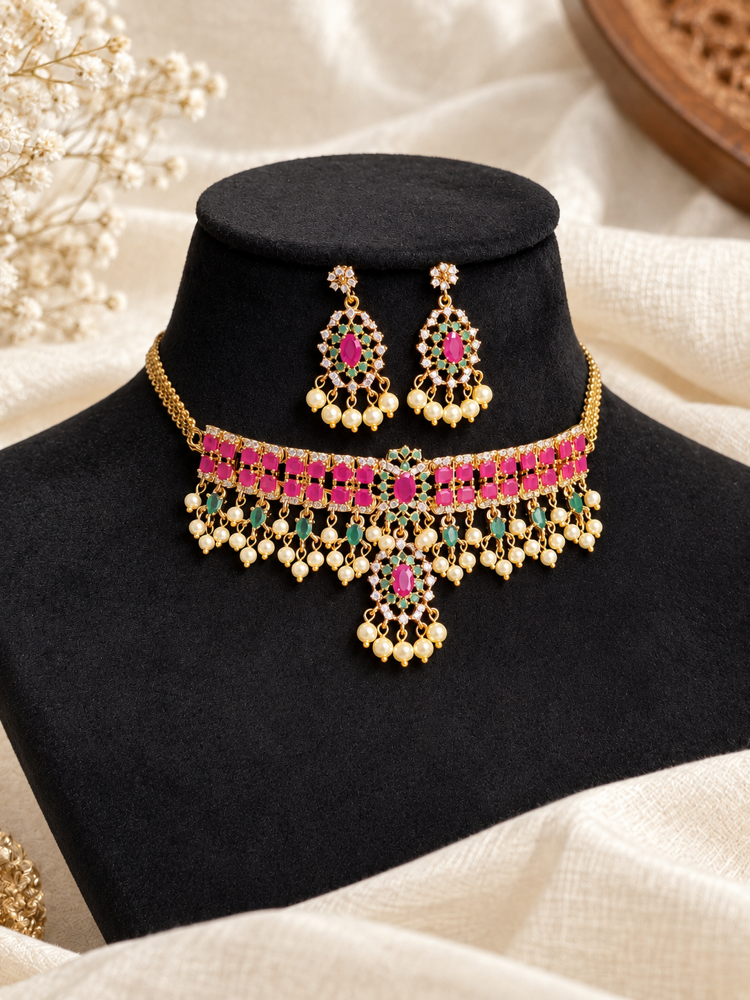 Royal Pink & Green Pearl Drop Choker Set