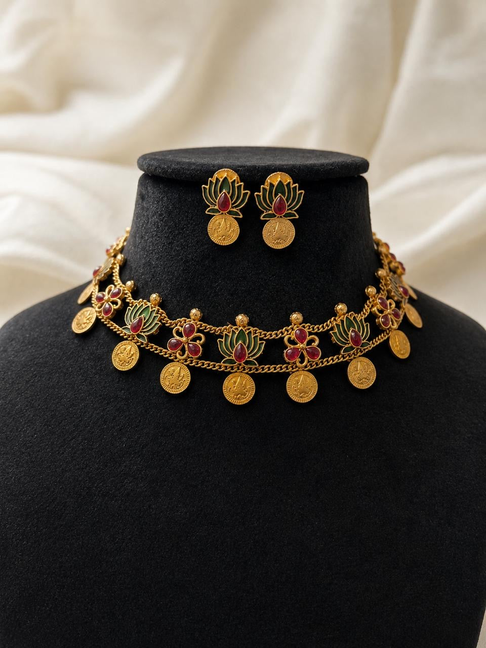 Green lotus with Laxmi coin necklace set