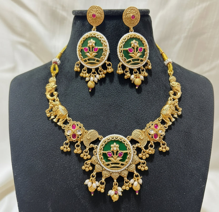 Royal Lotus Peacock Temple Necklace Set