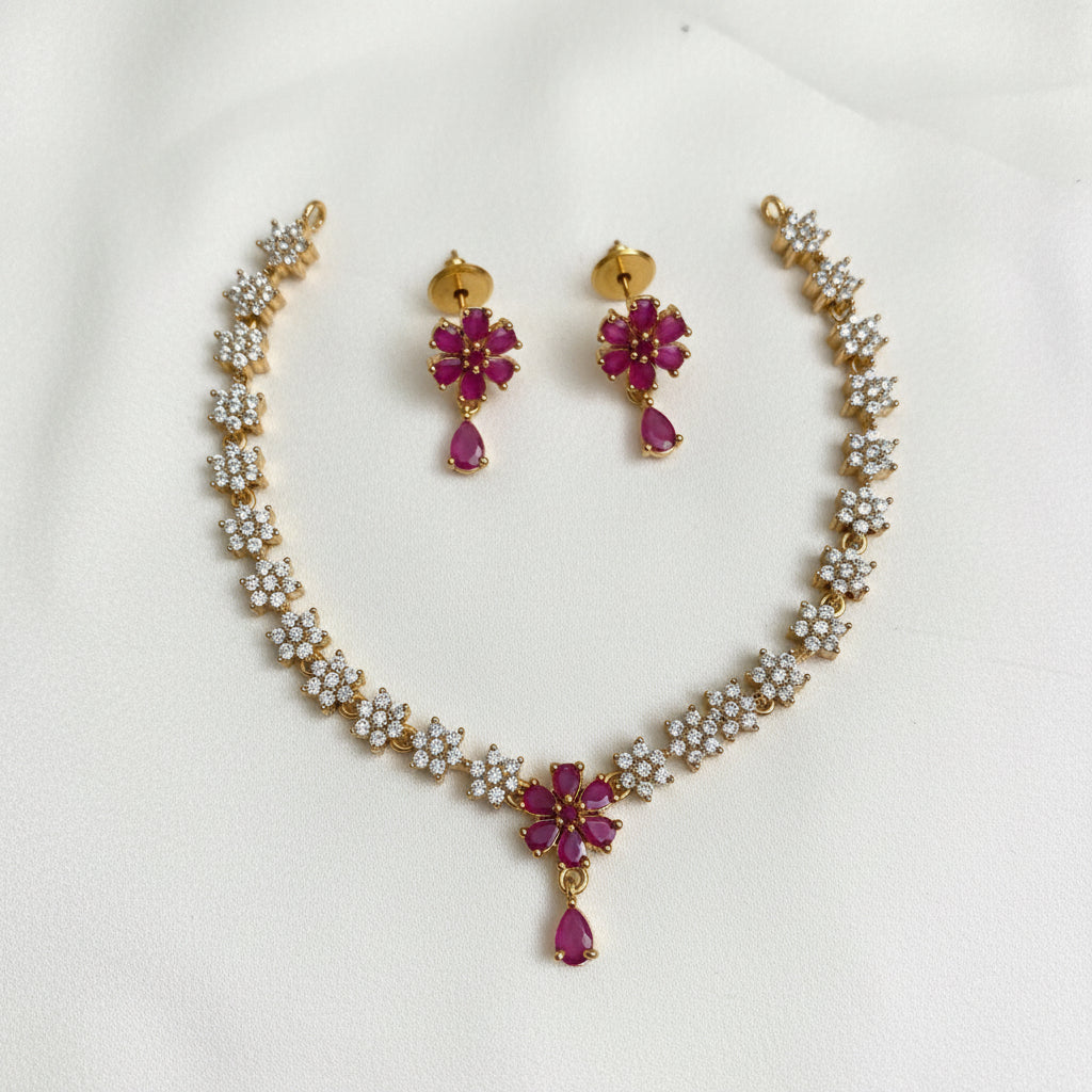 Ruby flower necklace set