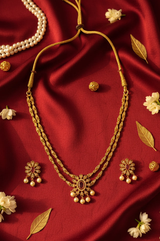 Ruby Blossom American Diamond Necklace Set